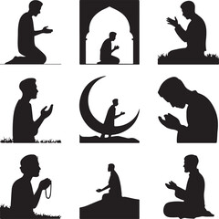 Silhouette of a man in various prayer positions  Muslim man praying in different poses