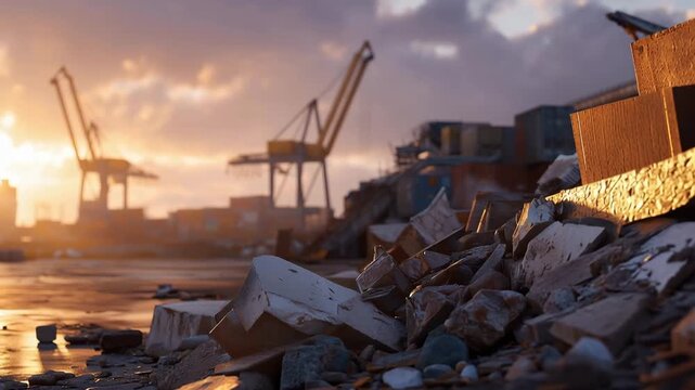 A detailed scene depicting a scrapyard in the evening light, where different types of scrap metal reflect golden hues, creating a striking contrast against the industrial backdrop of cranes and