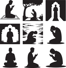 silhouette of a man in various praying positions on white background