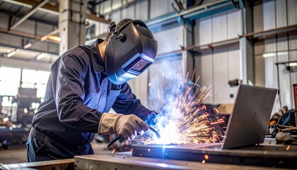 Welder working in a large industrial setting with sparks and protective equipment showing diligence.