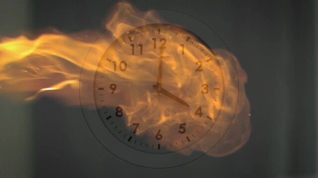 Narrow flame starting left, moving across round wall clock, obscuring numbers to show passing time