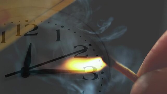 Hand striking match, ember glowing and flame growing, smoke curling across clock for time motif