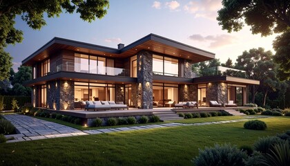 Modern Luxury Home Exterior at Dusk Contemporary Architecture Design.