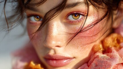 Woman with Yellow Eyes Wearing Pink Makeup and Flowers