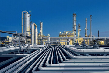 Illustration of an oil refinery or chemical plant. Illuminated industrial complex with steel pipelines against a clear blue sky at dusk or dawn.