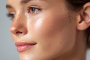 Fototapeta premium Woman's natural face with freckles and healthy, clean skin looking fresh