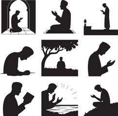 Silhouette of a man praying or reading in various positions and locations