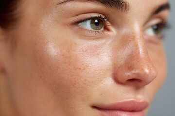 Fototapeta premium Young woman showing fresh clear skin with visible pores and freckles