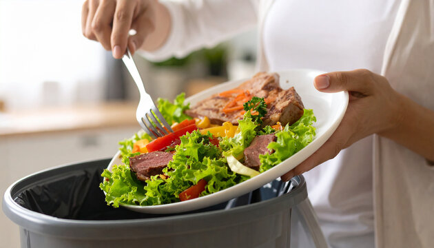 tirando un plato de comida a un cubo de basura, concepto de desperdicio de alimentos, consumismo, exceso de comida, h&aacute;bitos irresponsables, hambre en el mundo, desigualdad social y crisis alimentaria