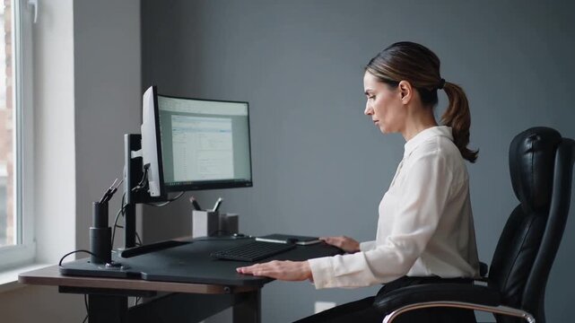 Woman in white blouse black pants walking to home desk, lowering tray and sitting preparing work