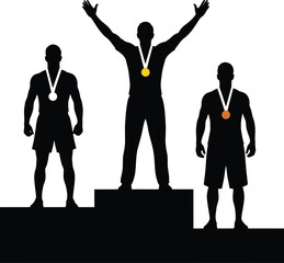 Triumphant athletes standing on podium with medals around neck in victory ceremony