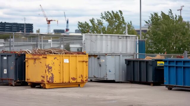 An industrial zone with over flowing dumpsters signifies the consequences of neglecting waste collection, prompting reflection on how businesses can improve waste management practices to foster