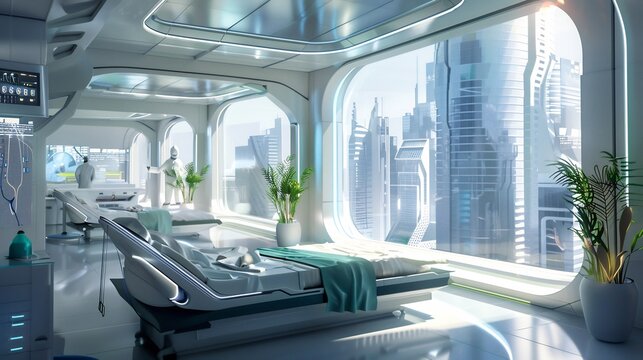 Smart hospital in a futuristic city where AI powered holographic doctors provide instant diagnoses and virtual medical assistance