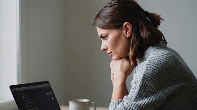 Reaching for device, woman in gray sweater picking up then studying laptop at desk, copy space