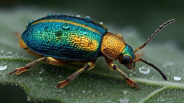 Iridescent emerald and gold metallic jewel beetle resting on a fuzzy green leaf with water droplets and soft bokeh using a 100mm macro lens.
