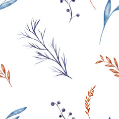 Obraz premium Seamless watercolor pattern with blue and gold dry twigs, hand-drawn, isolated on a white background. For textiles, fabrics, autumn motifs, covers, wrapping paper.
