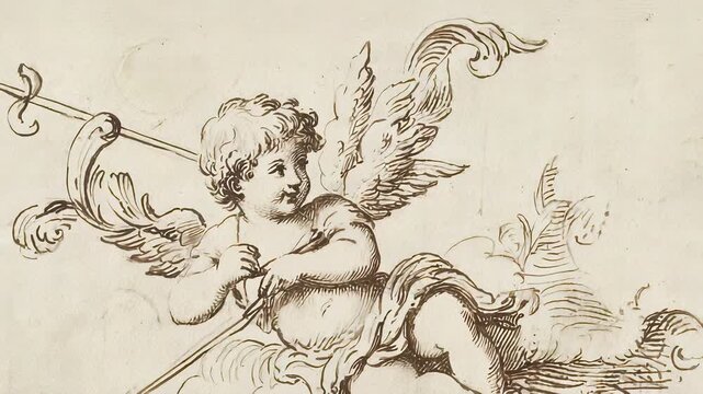 Cherubic Boy with Bow and Arrow, Vintage Engraving Illustration of a Mythological Angel Flying on Clouds.