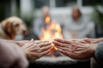 Fototapeta premium Hands warming by a cozy fire pit during a social gathering outdoors