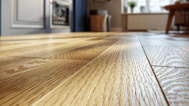Wood floor. Light wooden flooring closeup. Shiny new hardwood floor. House renovation, changing floor to parquet. Beautiful golden hands craped oiled oak brushed for texture grain. Empty living room