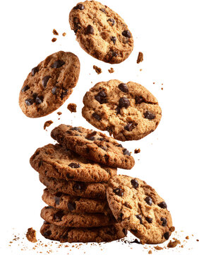 A stack of delicious chocolate chip cookies with scattered crumbs falling around them.