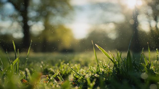 Sunlight hitting yellow pollen cloud starting grass shaking and pollen drifting in park, with dew