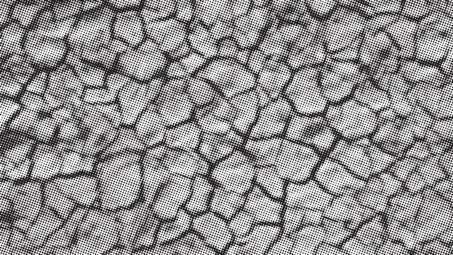 Abstract background texture shows deeply cracked and dry earth surface pattern. Vector halftone background. Dotted black and white overlay bg in punk style for collages.