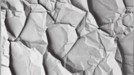 Detailed close up of a heavily crumpled white paper texture background.Crumpled paper texture. Vector halftone background. Dotted black and white overlay bg in punk style for collages.