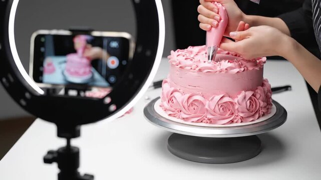A creative session unfolds as hands delicately pipe pink frosting onto a beautifully crafted cake, all captured through a clever setup with a smartphone camera and ring light.