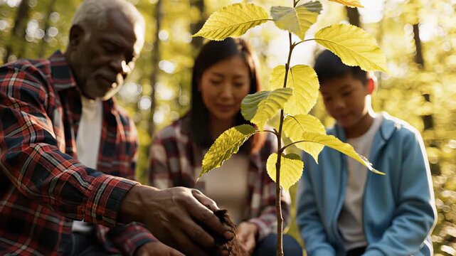 Elderly black grandfather teaching his asian daughter and grandson how to plant a small tree sapling, sharing environmental knowledge and promoting conservation for future generations