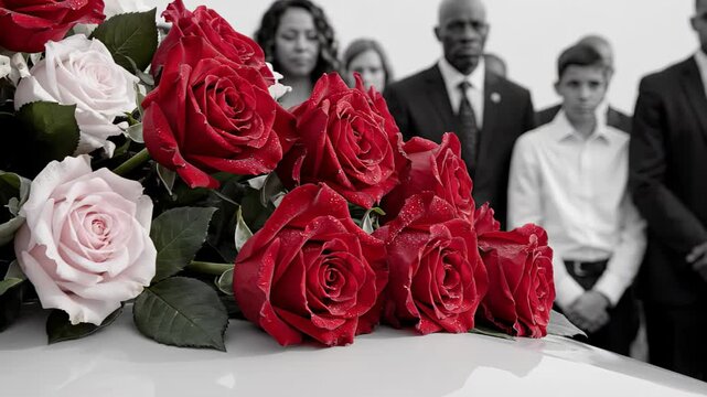 Grieving family and friends standing behind a white hearse adorned with a bouquet of red and pink roses during a somber funeral service, with selective color highlighting the flowers
