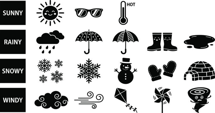 Black weather icon set with sun, cloud, rain, snowflake, wind swirl, lightning, temperature and forecast symbols, flat vector pictograms for UI or infographic