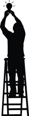 Man on ladder changing bulb with both hands raised high in silhouette