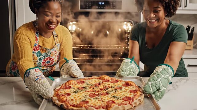 In a delightful kitchen, two friends beam with joy as they pull a steaming, cheesy pizza from the oven. Laughter fills the air, creating a warm and inviting atmosphere.