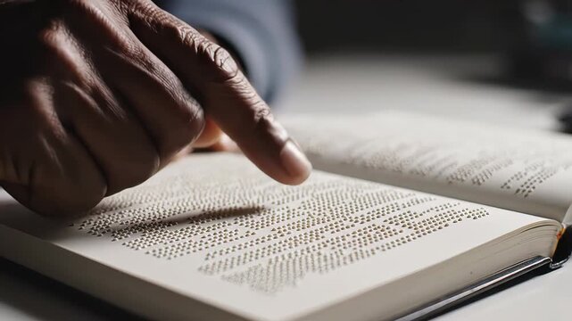 Close up view of an african american person's hand with a visual impairment using their finger to read a book written in the braille alphabet, showcasing the tactile writing system for the blind