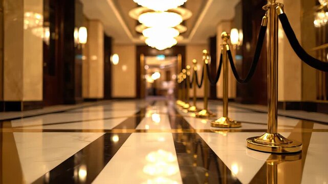 Camera smoothly gliding through a lavish hotel lobby corridor, revealing elegant marble floors, brilliant chandeliers, and exclusive velvet rope stanchions lining the grand pathway