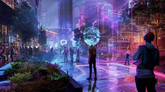 Neon lit metropolis where every citizen is accompanied by an AI assistant projected as a personalized floating hologram