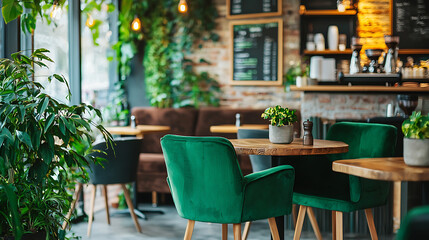 Fototapeta premium Cozy coffee shop corner featuring green chairs, wooden tables, and lush plants creating warm atmosphere for relaxation and socializing