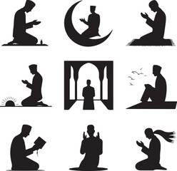 Silhouette of people in various prayer and meditation poses