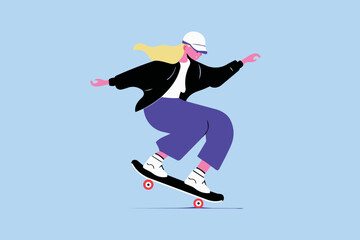 Obraz premium Female Skateboarder Performing Balance Trick Urban Flat Illustration