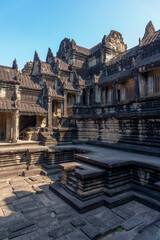 Angkor Wat, Siem Reap, Cambodia, Dramatic steps and detail of courtyard in the main complex
