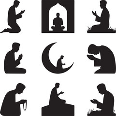 Silhouette of people in various praying and meditation poses  Muslim and yoga practice
