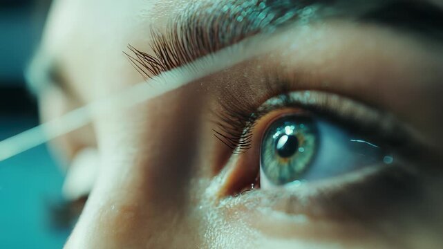 Close-up of a woman&rsquo;s hand carefully applying individual false eyelashes to her eyelid, beauty and cosmetic procedure.