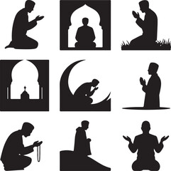 Silhouette of people in various praying and meditation positions
