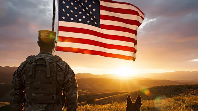 Soldier in camouflage uniform standing with a military dog in a field at sunset, honoring the american flag waving against a golden sky, symbolizing patriotism, service, and sacrifice