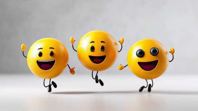Three cheerful yellow emoji characters with smiling faces and arms raised, joyfully bouncing together against a light gray background in a playful animated scene