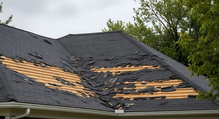 Damaged Roof With Exposed Wooden Sheathing and Missing Shingles black asphalt shingles