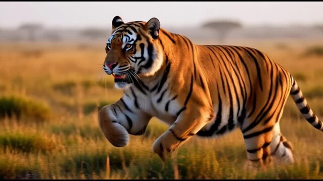 Bengal tiger running at full speed through tall grass at golden hour, ultra-realistic cinematic wildlife scene