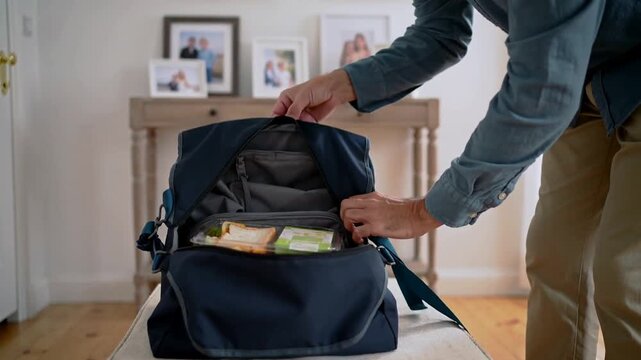Lifting container, dad packing navy duffel at entryway, preparing lunch for child in yellow dress