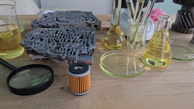Exploring the process of oil analysis and testing in a lab with different equipment and samples in focus