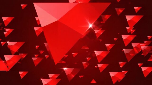 Shiny red geometric triangles float and sparkle against a dark background